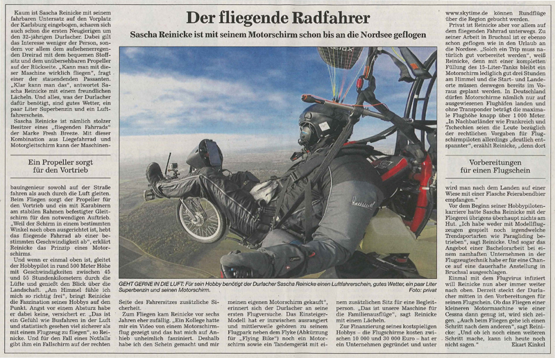 Zeitungsartikel Der fliegende Radfahrer aus den Badischen Neuesten Nachrichten